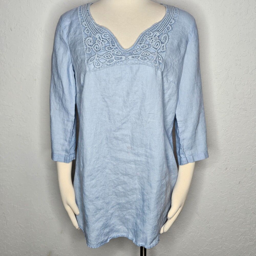 Malvin Hamburg Germany Womens XL Light Blue 100% Linen Crochet Lace Tunic Top